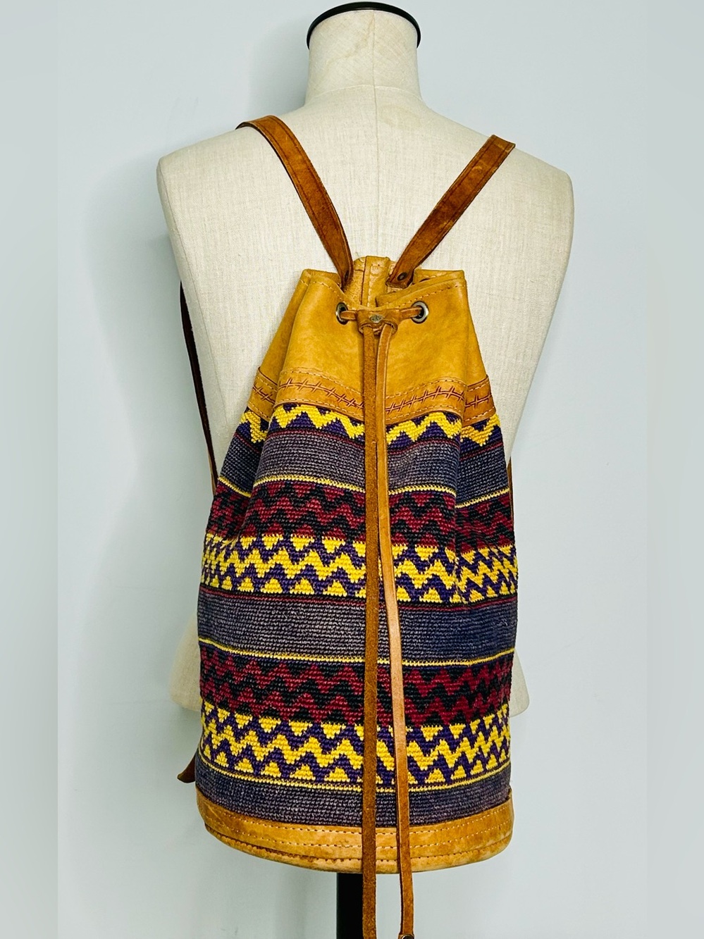 Vintage Handwoven Kilim Backpack Bucket Bag, Drawstring, Tribal Pattern, Leather